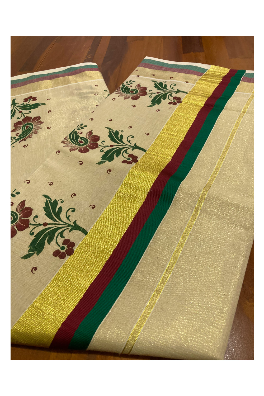 Kerala Tissue Kasavu Saree With Mural Floral Printed Design and Green Maroon Border