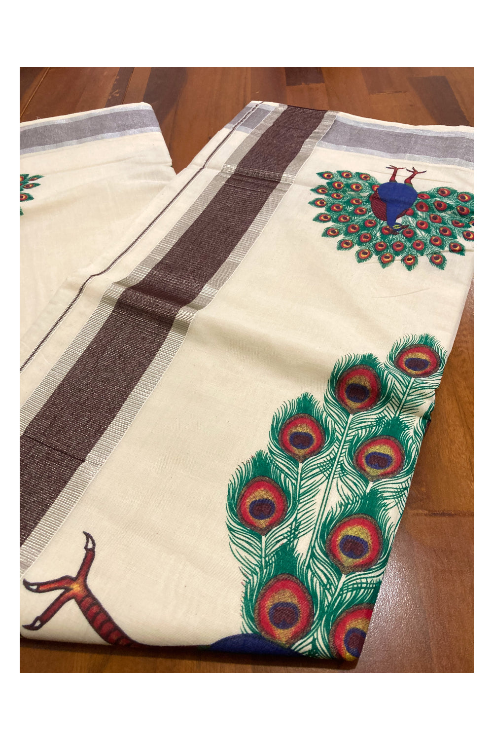 Pure Cotton Kerala Saree with Peacock Mural Prints and Silver Brown Border