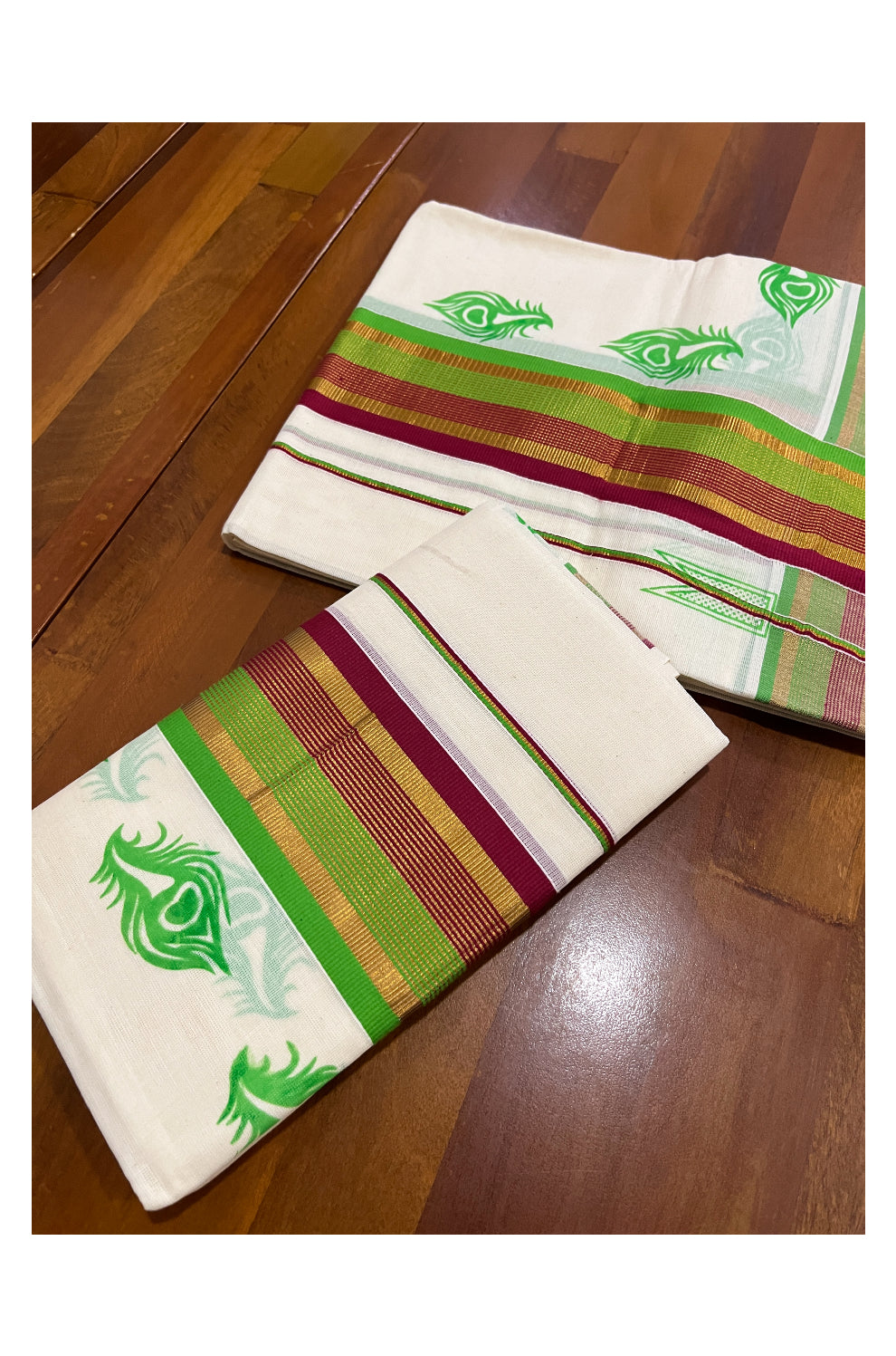 Pure Cotton Kasavu Single Set Mundu (Mundum Neriyathum Vishu 2023) with Green Feather Block Prints and Maroon Green Border