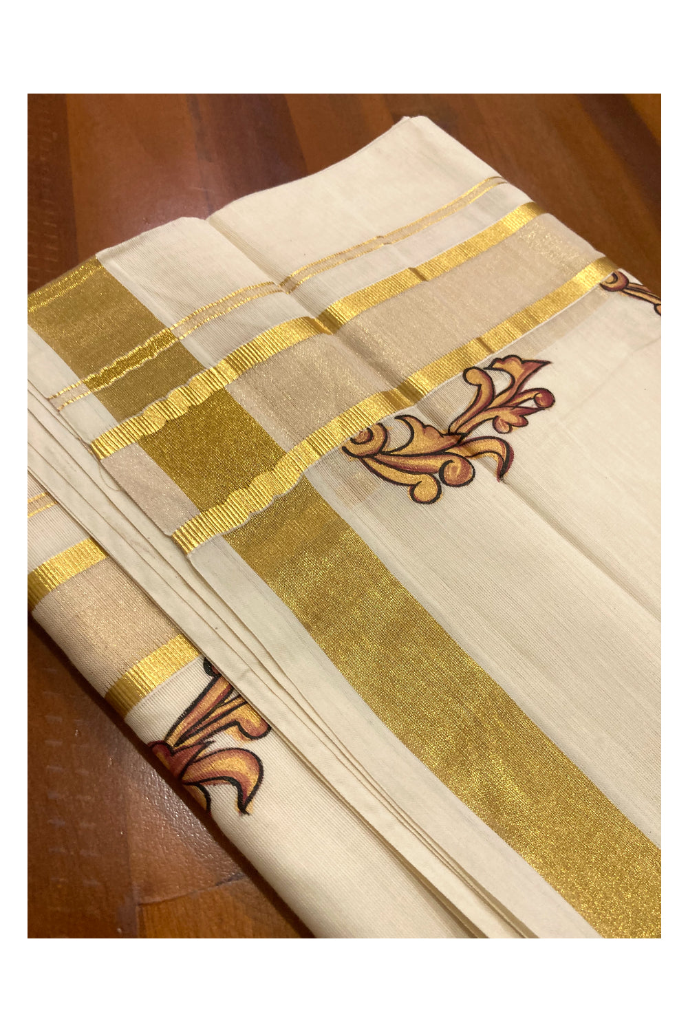 Off White Pure Cotton Double Mundu with Mural Prints on Kasavu Kara (South Indian Dhoti)