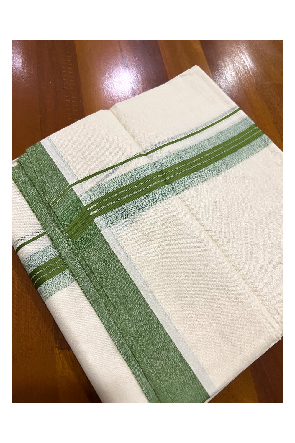 Pure Cotton Off White Double Mundu with Green Border (South Indian Dhoti)