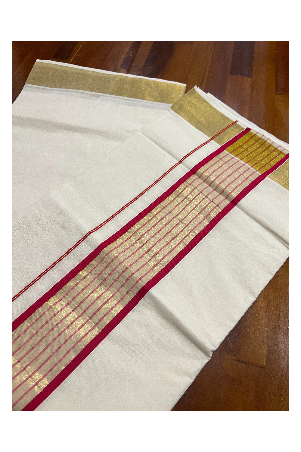 Kerala Pure Cotton Plain Saree with Kasavu Border and Kasavu Red Pallu