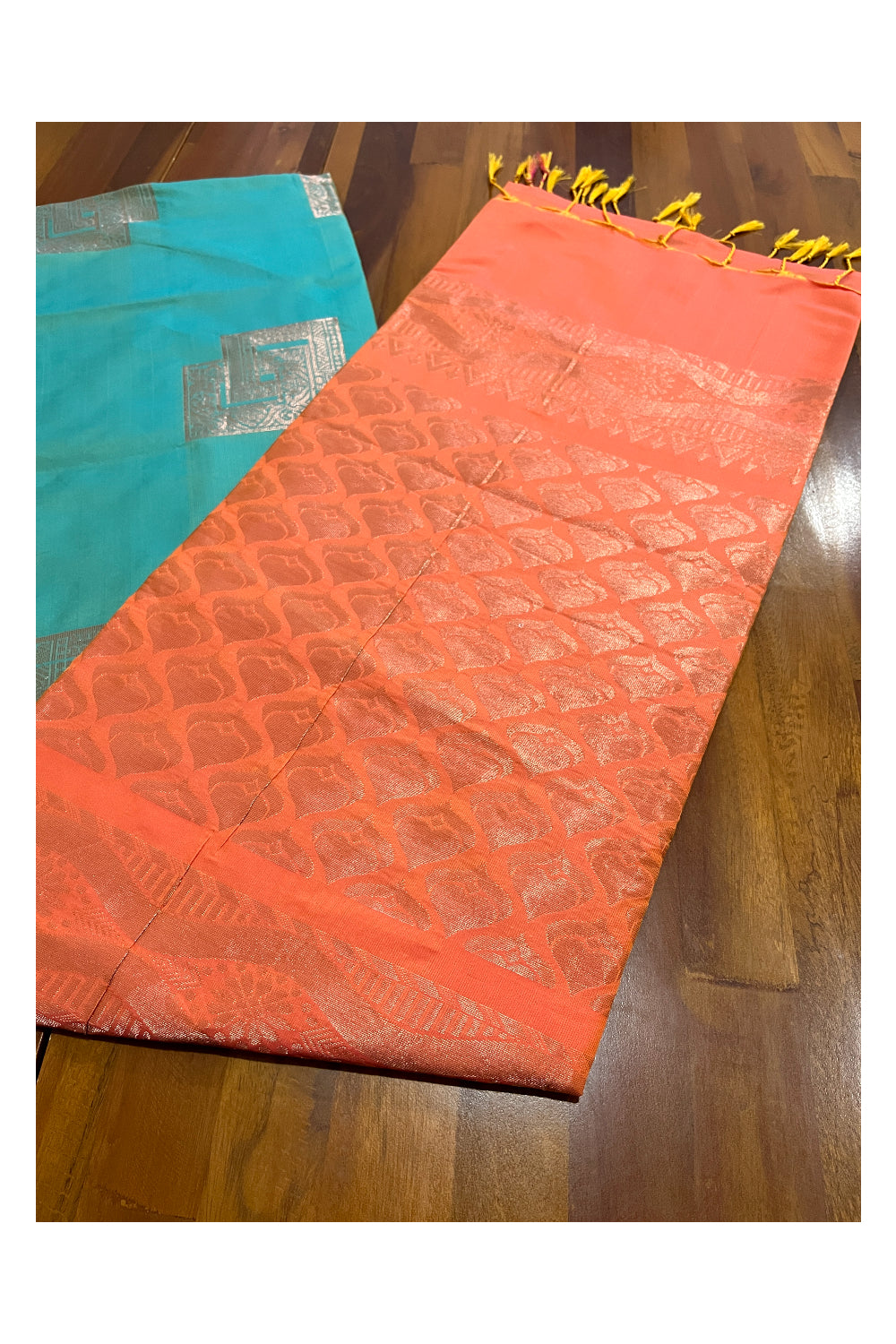 Southloom Soft Silk Turquoise Saree with Orange Pallu and Zari Woven Works