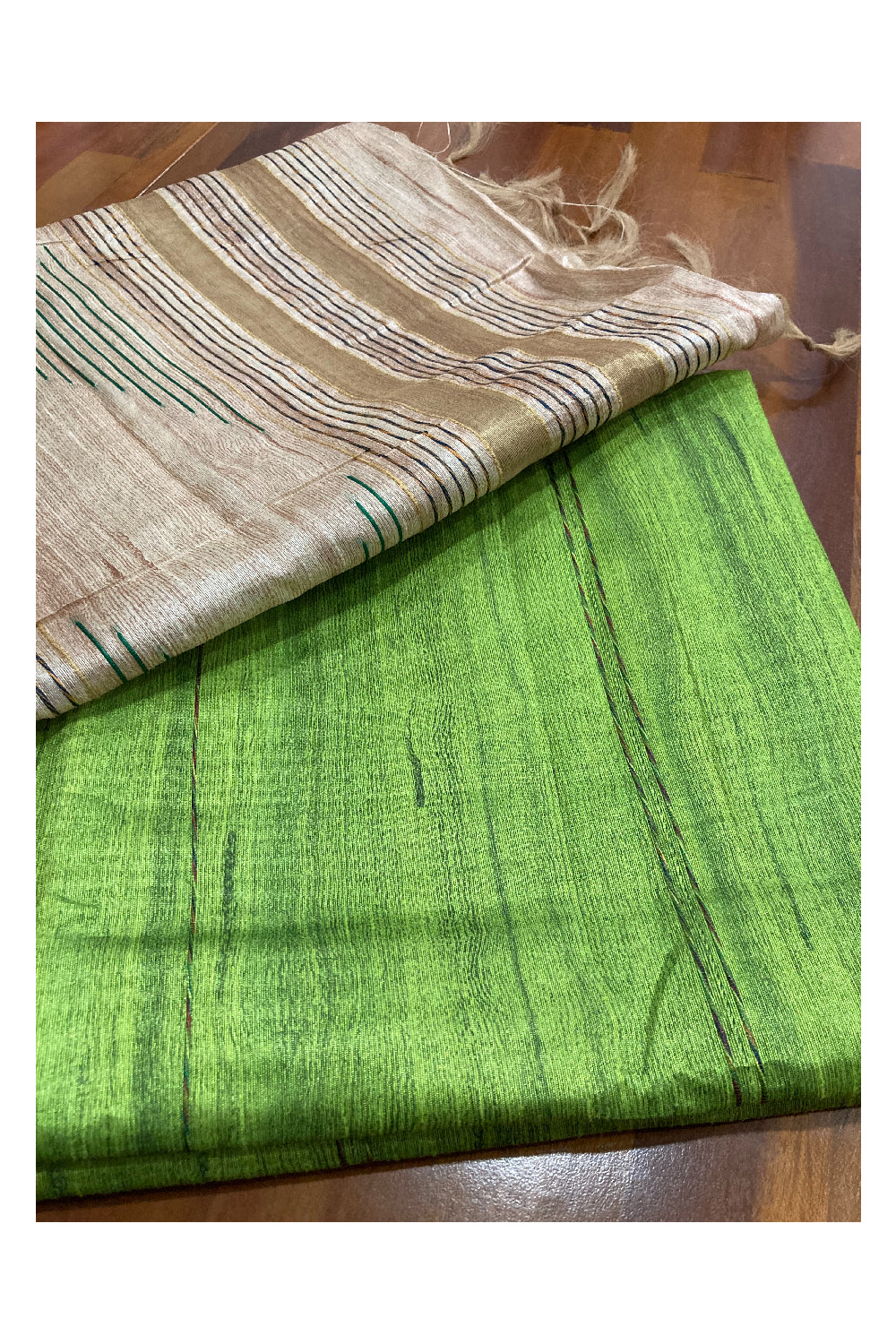 Southloom Tussar Thread Work Light Green Designer Saree with Beige Pallu