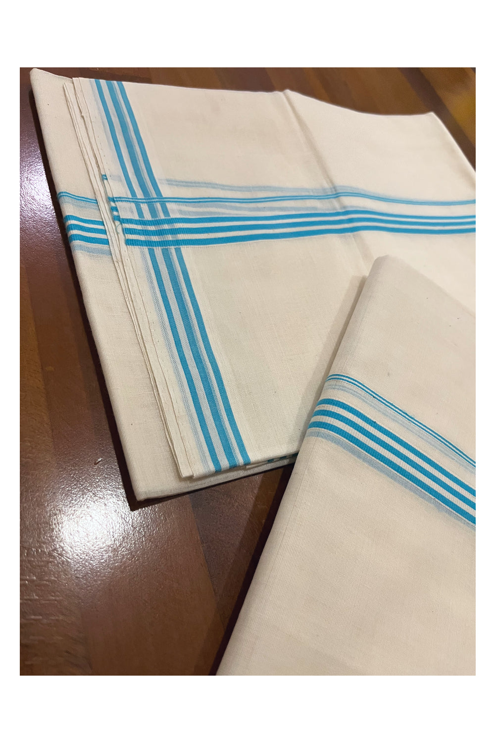 Southloom Premium Handloom Single Set Mundu (Mundum Neriyathum) with Turquoise Lines Border