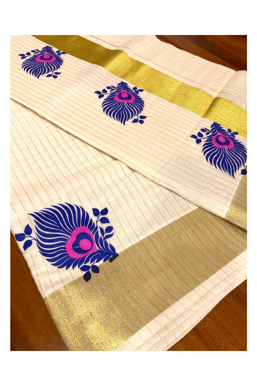 Pure Cotton Kerala Kasavu Lines Saree with Blue and Magenta Block Prints on Border