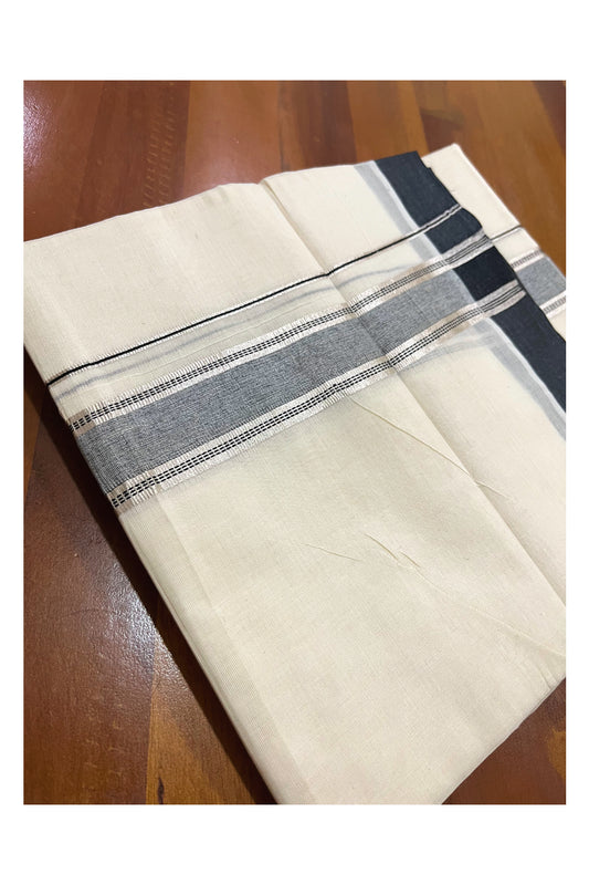 Pure Cotton Off White Double Mundu with Silver Kasavu and Black Border (South Indian Dhoti)