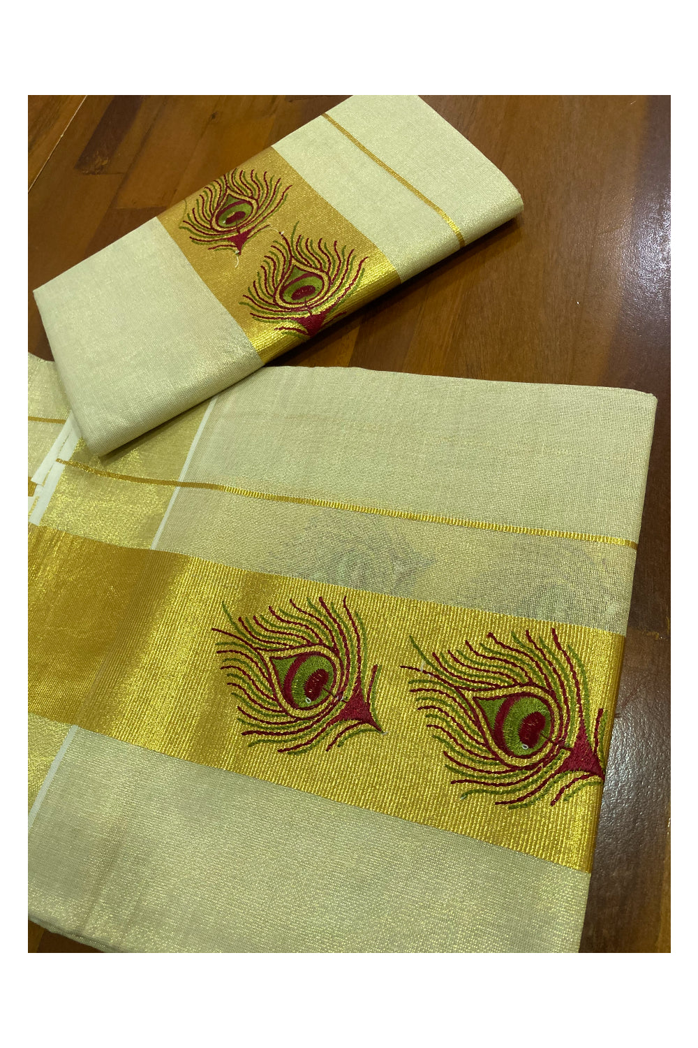 Kerala Tissue Kasavu Set Mundu (Mundum Neriyathum) with Feather Embroidered Design 2.80 Mtrs