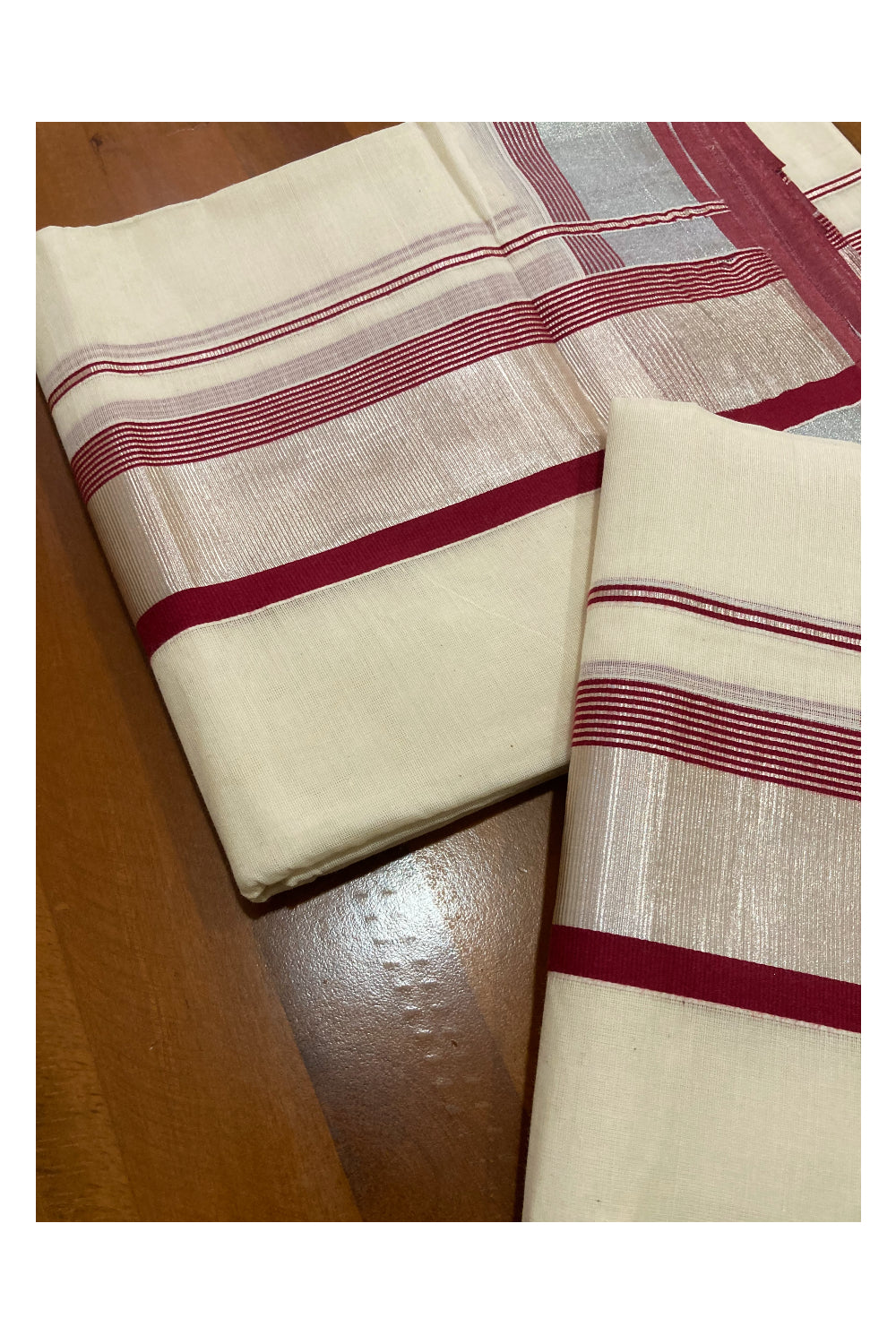 Mundum Neriyathum Double (Set Mundu) with Maroon and Silver Kasavu Border 2.80 Mtrs