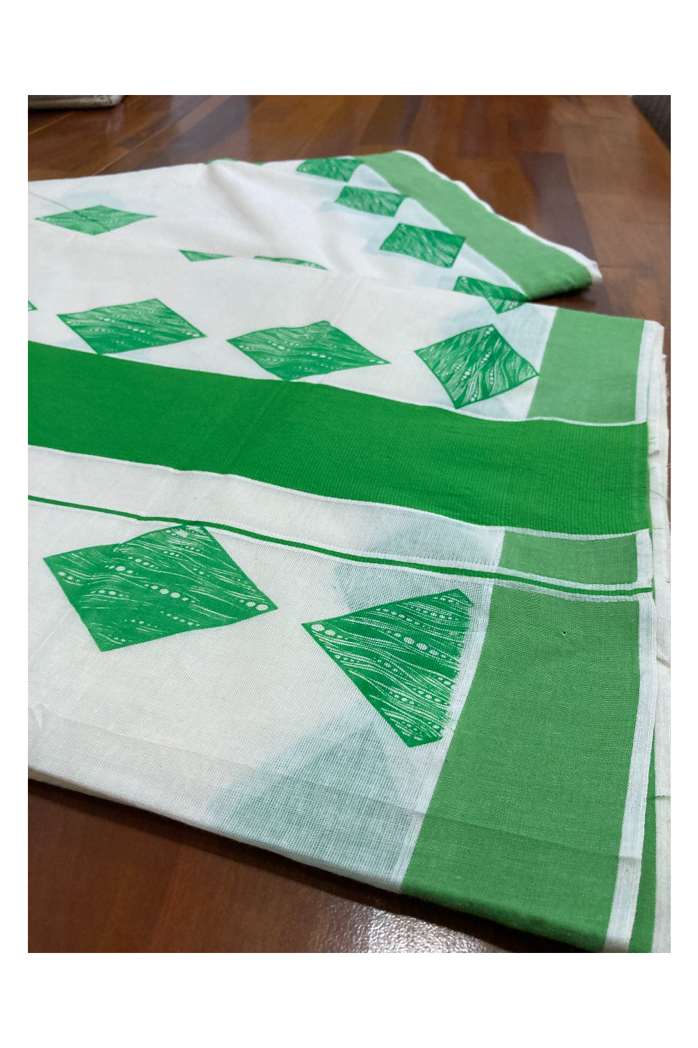 Pure Cotton Kerala Saree with Light Green Block Printed Design