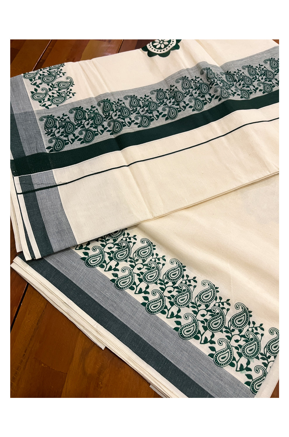 Pure Cotton Off White Kerala Saree with Green Paisley Block Prints on Border