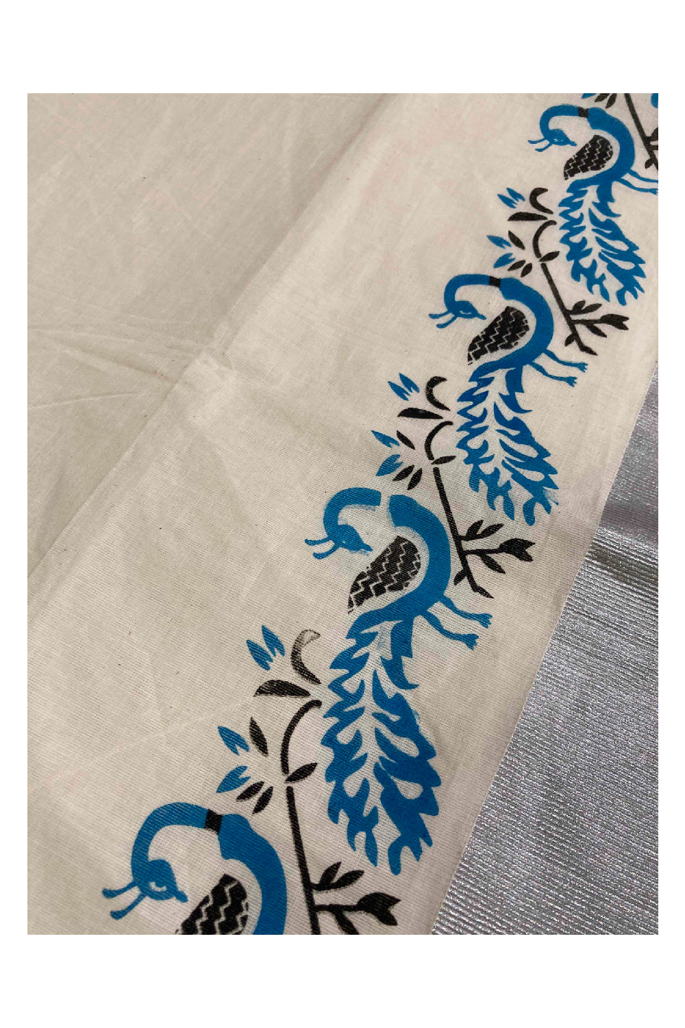 Kerala Pure Cotton Silver Kasavu Saree with Peacock Blue Block Printed Border