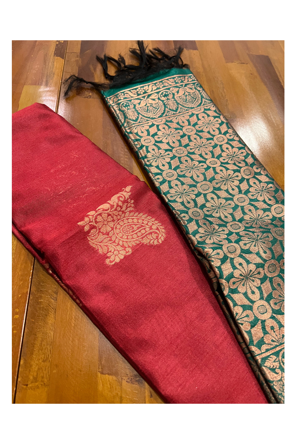 Southloom Red Semi Silk Designer Saree with Copper Kasavu Woven Works on Body