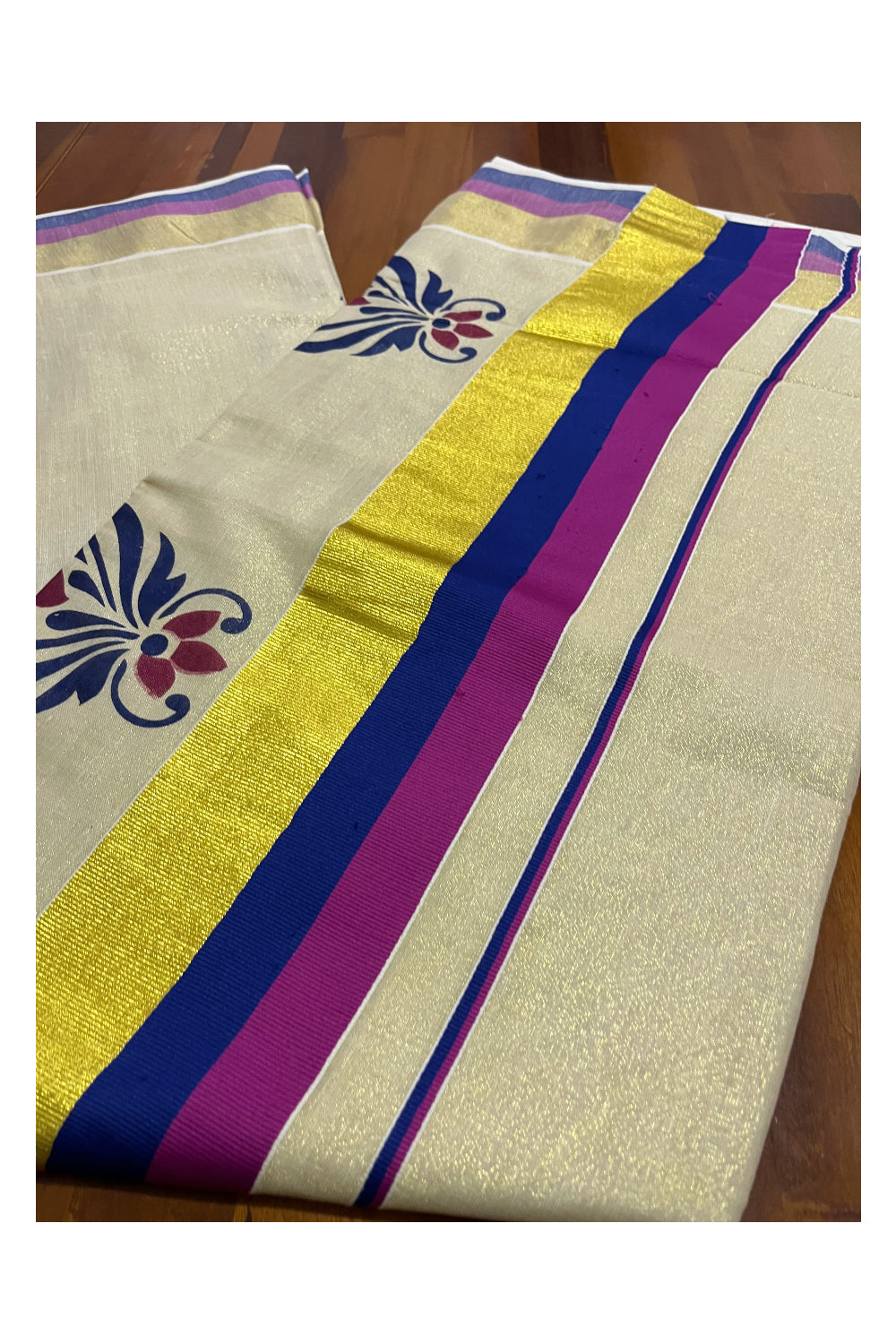 Kerala Tissue Kasavu Saree With Mural Floral Printed Design and Magenta Blue Border