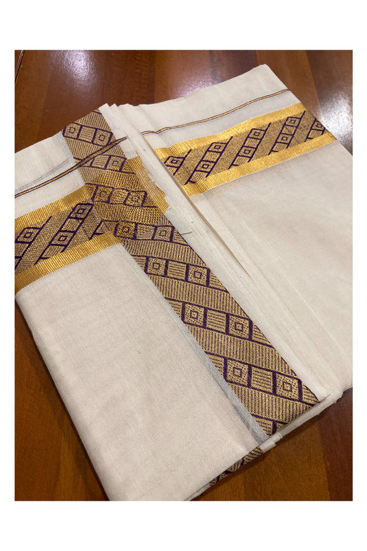 Off White Kerala Double Mundu with Kasavu and Violet Woven Border (South Indian Dhoti)