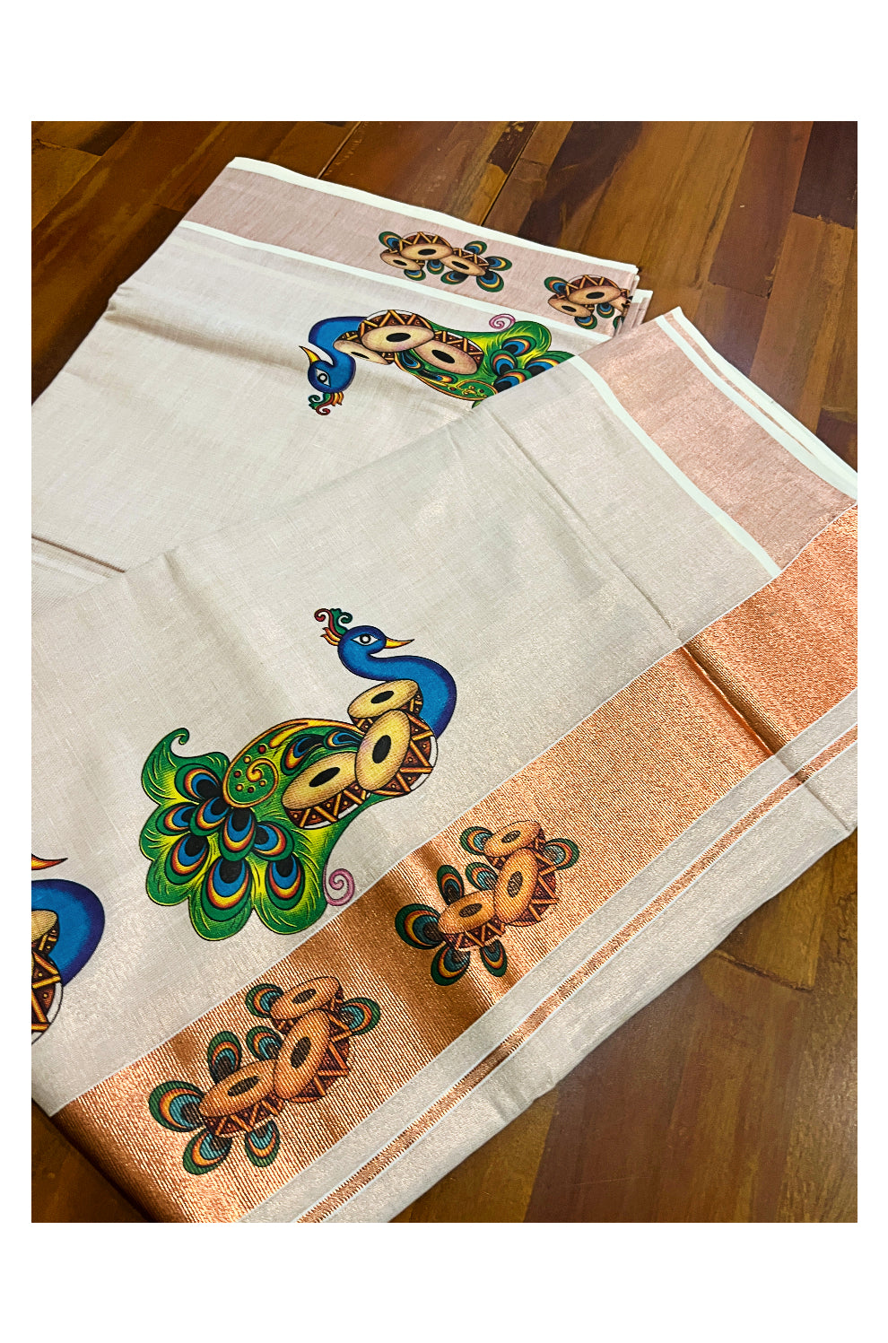 Kerala Copper Tissue Kasavu Saree With Mural Printed Peacock Design