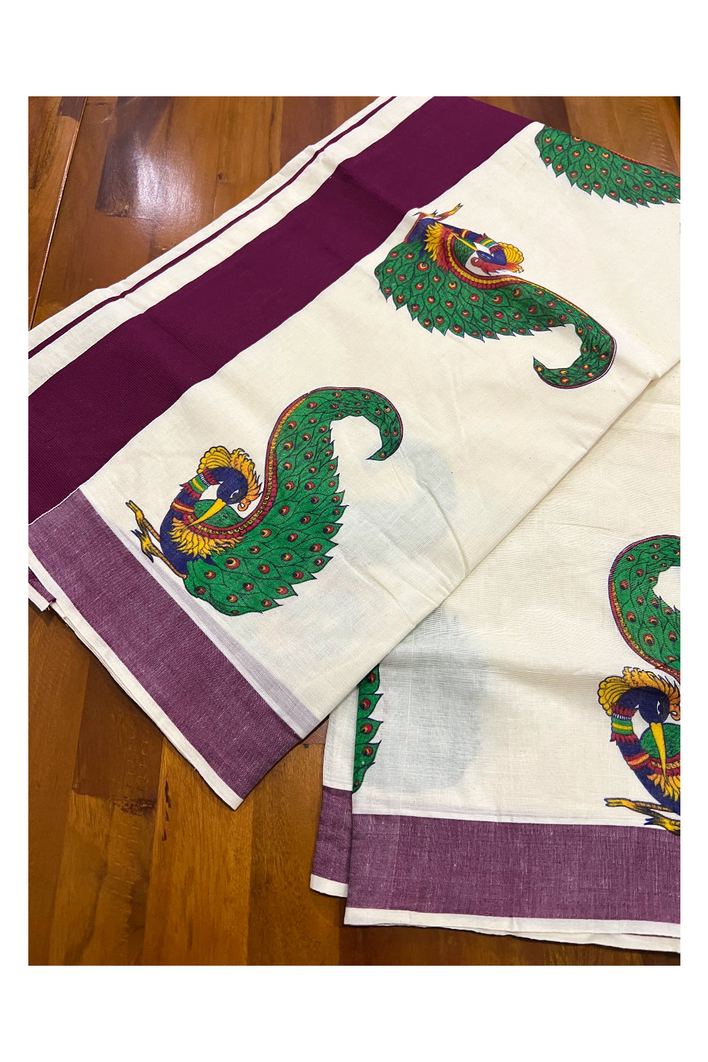 Kerala Pure Cotton Purple Border Saree with Peacock Mural Printed Design