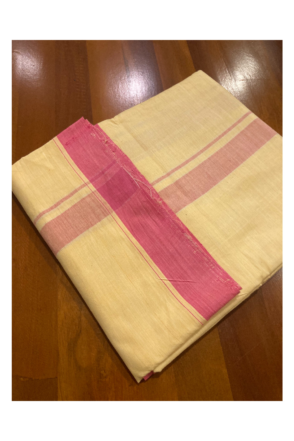 Southloom Premium Handloom Yellow Solid Single Mundu (Lungi) with Pink Border (South Indian Kerala Dhoti)