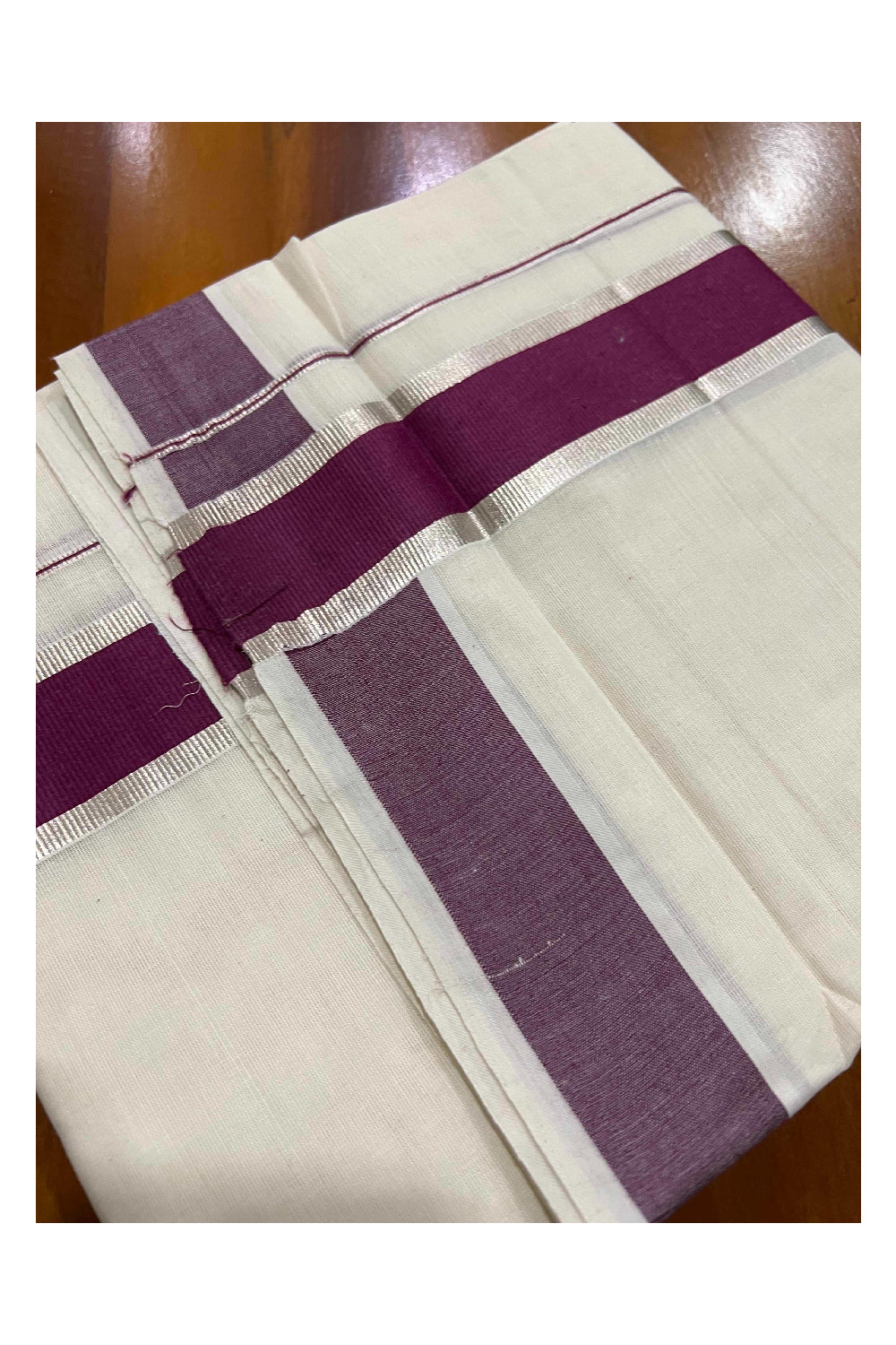 Off White Kerala Double Mundu with Silver Kasavu and Purple Border (South Indian Dhoti)