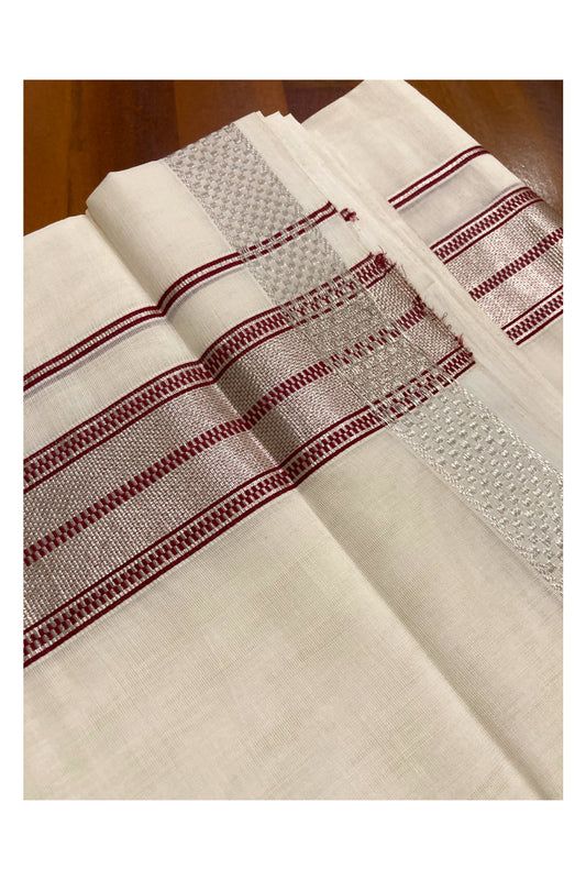 Southloom Premium Handloom Pure Cotton Mundu with Maroon and Silver Kasavu Border (South Indian Dhoti)