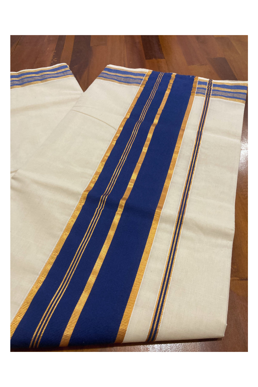 Kerala Pure Cotton Plain Saree with Kasavu and Blue Border