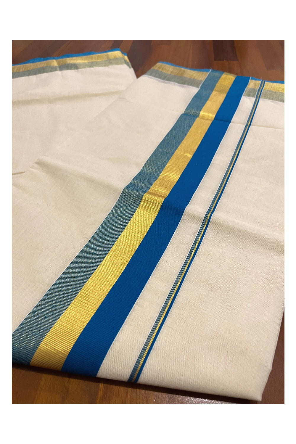 Kerala Pure Cotton Plain Saree with Kasavu and Blue Border