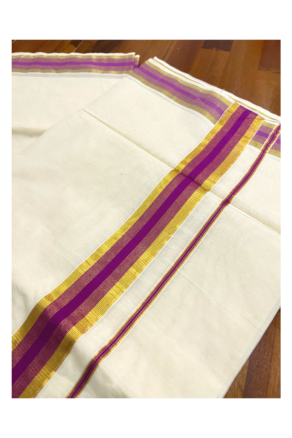 Pure Cotton Kerala Saree with Kasavu and Magenta 2 inch Border