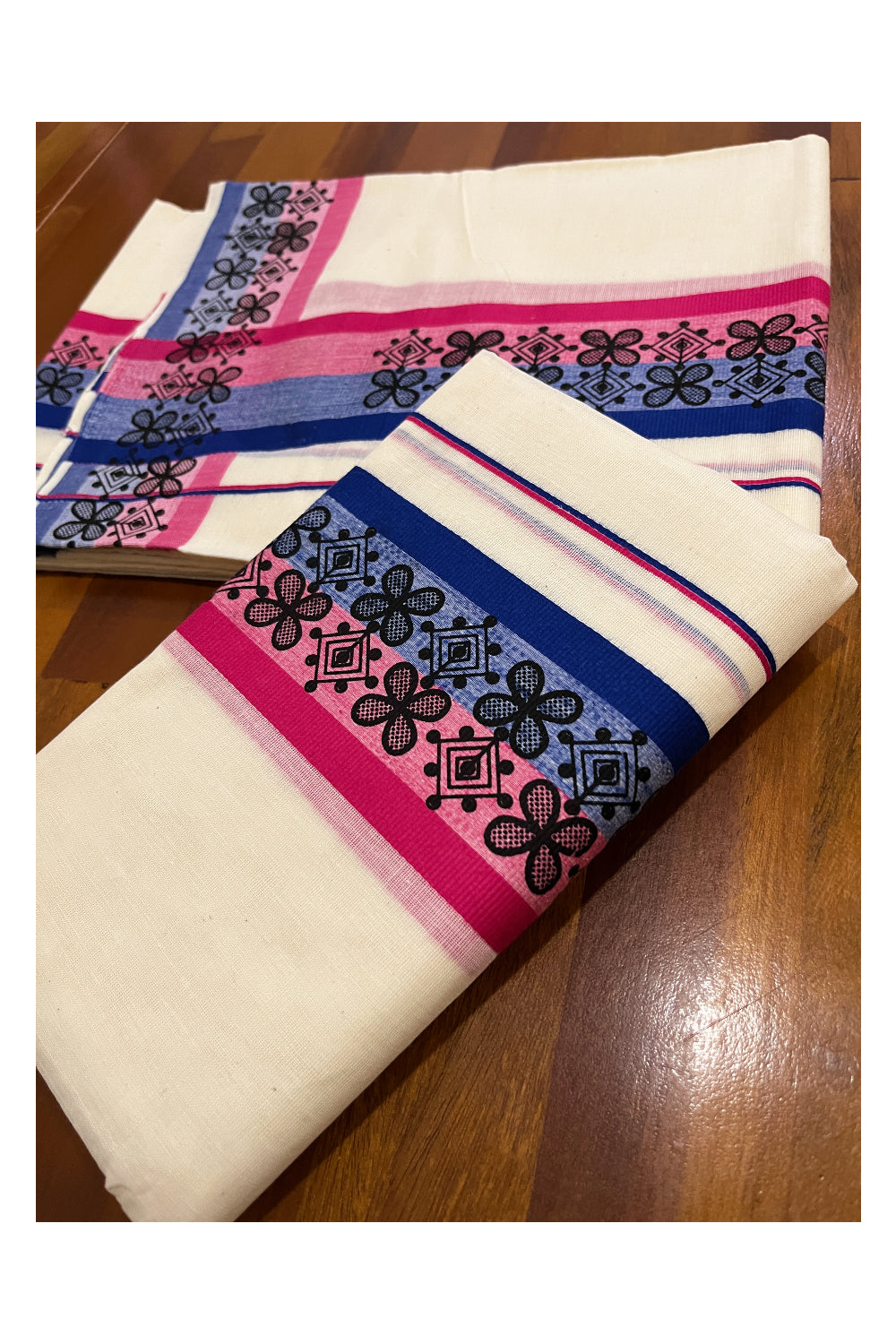 Kerala Cotton Single Set Mundu (Mundum Neriyathum Vishu 2023) with Black Block Prints on Pink Blue Border