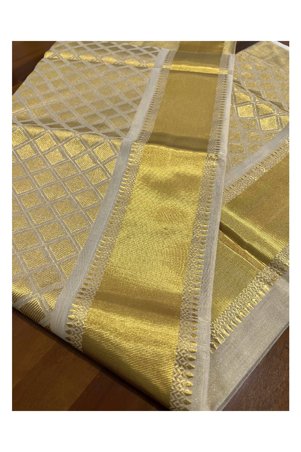 Southloom™ Original Handloom Kasavu Tissue Handwoven Patterns Heavy Work Saree