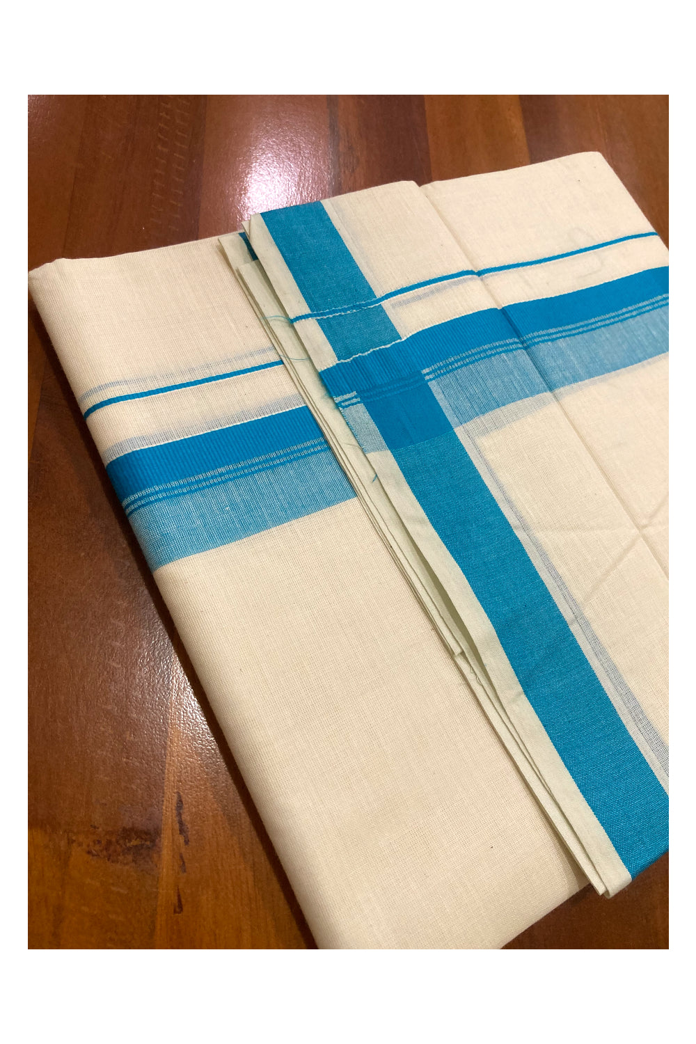 Off White Pure Cotton Double Mundu with Blue Border (South Indian Kerala Dhoti)