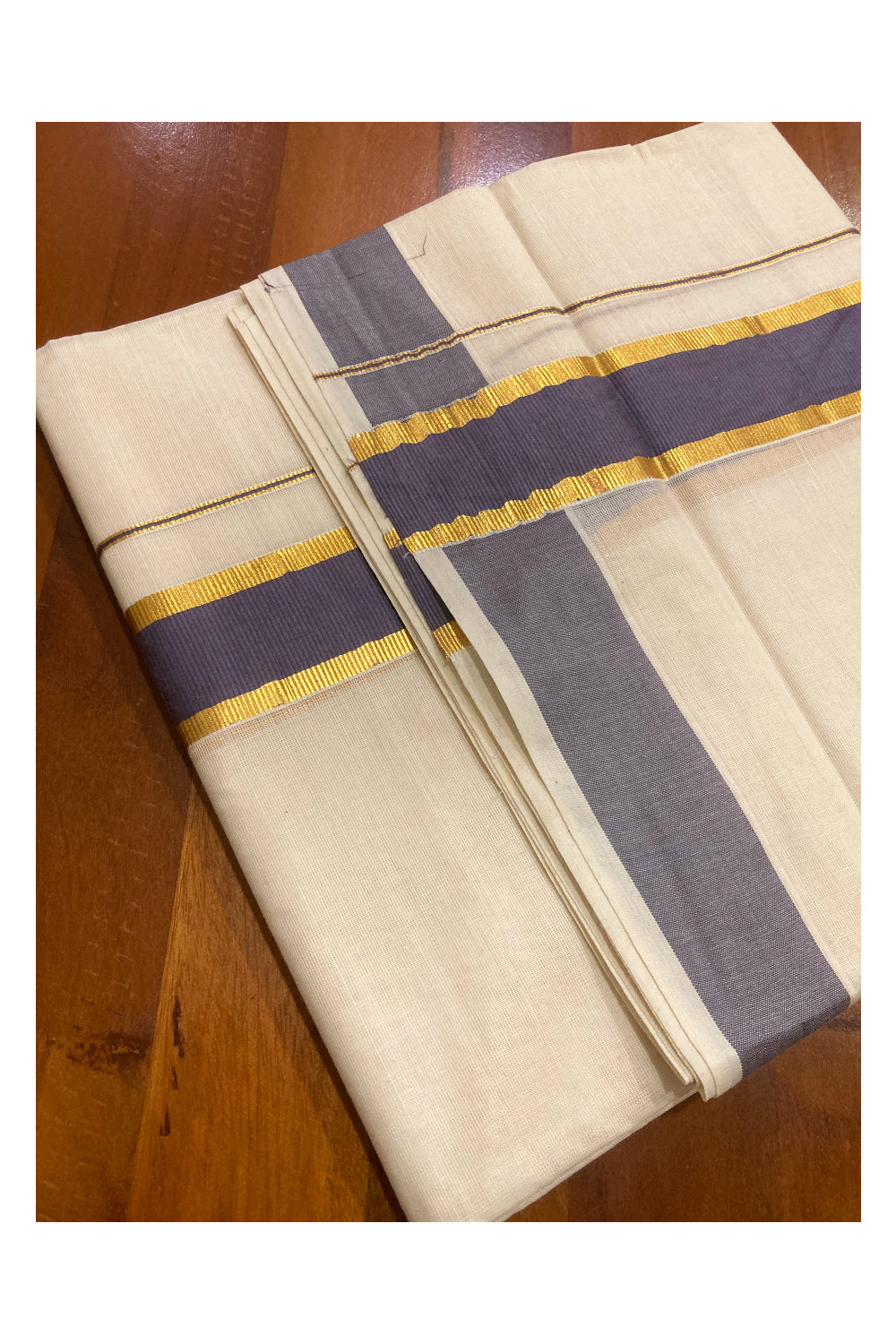 Pure Cotton Double Mundu with Grey and Kasavu Border (South Indian Dhoti)