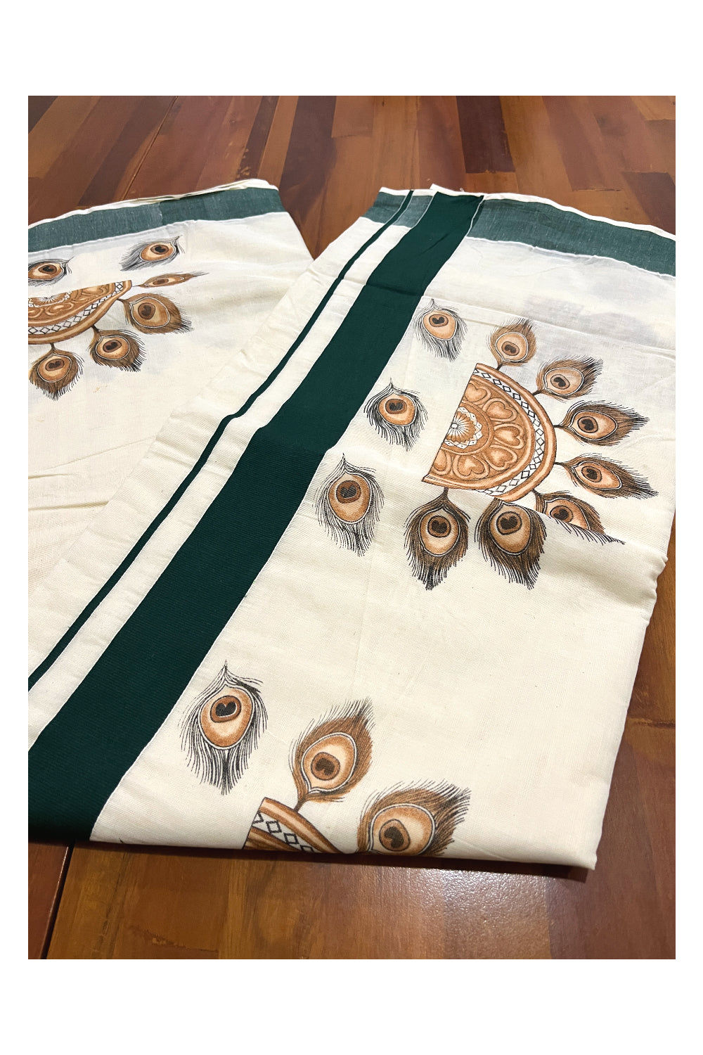 Kerala Pure Cotton Saree with Brown Semi Circle Feather Prints and Green Border