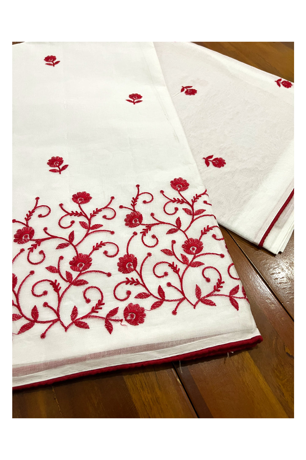 Southloom Cotton Pure White Saree with Designer Red Floral Thread works on Body