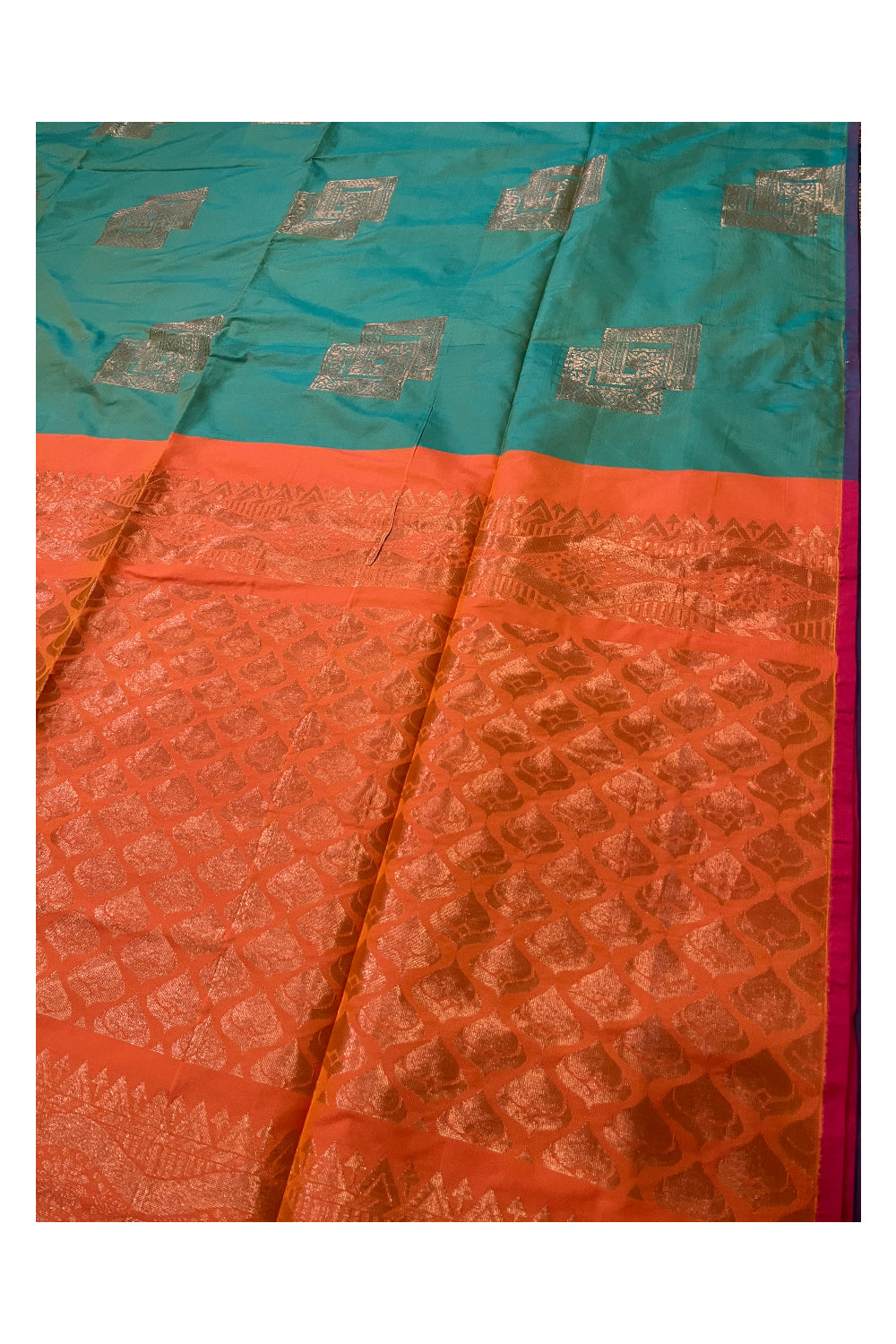 Southloom Soft Silk Turquoise Saree with Orange Pallu and Zari Woven Works