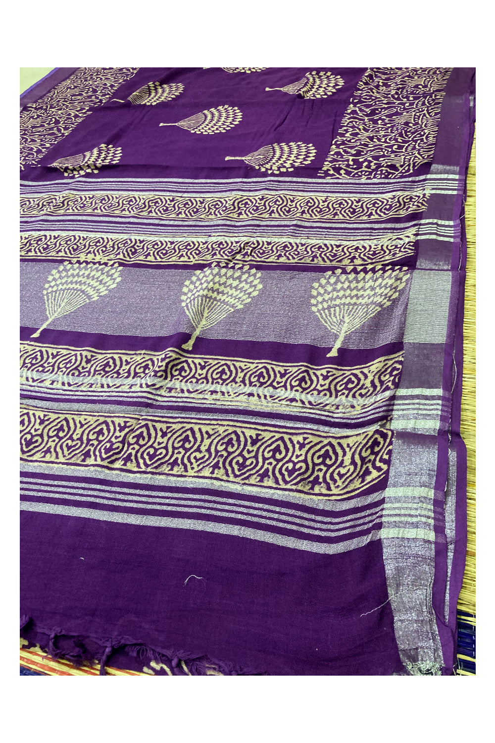 Southloom Linen Violet Saree with White Lines and Tassels works on Pallu