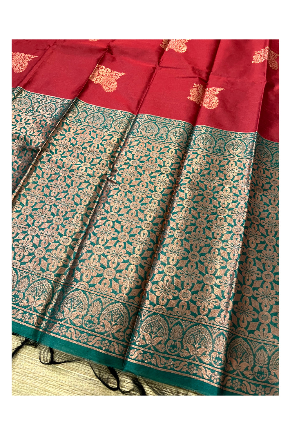 Southloom Red Semi Silk Designer Saree with Copper Kasavu Woven Works on Body