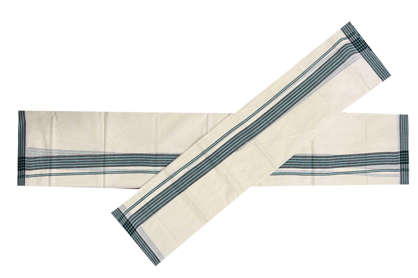 Kerala Cotton Mundum Neriyathum Single (Set Mundu) with Black and Light Blue Mulloth Border (Extra Soft Cotton)