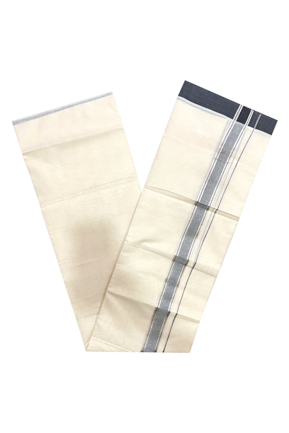 Pure Cotton Off White Double Mundu with Silver Kasavu and Black Border (South Indian Dhoti)