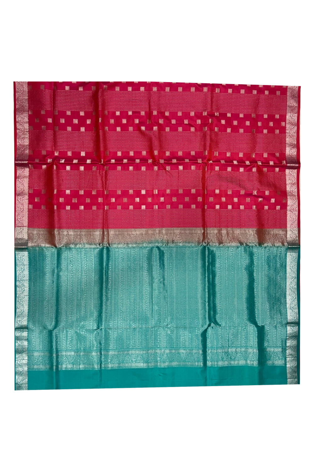 Southloom Handloom Pure Silk Kanchipuram Saree with Red Body and Green Blouse Piece