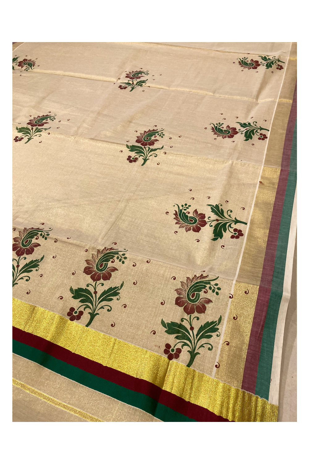 Kerala Tissue Kasavu Saree With Mural Floral Printed Design and Green Maroon Border