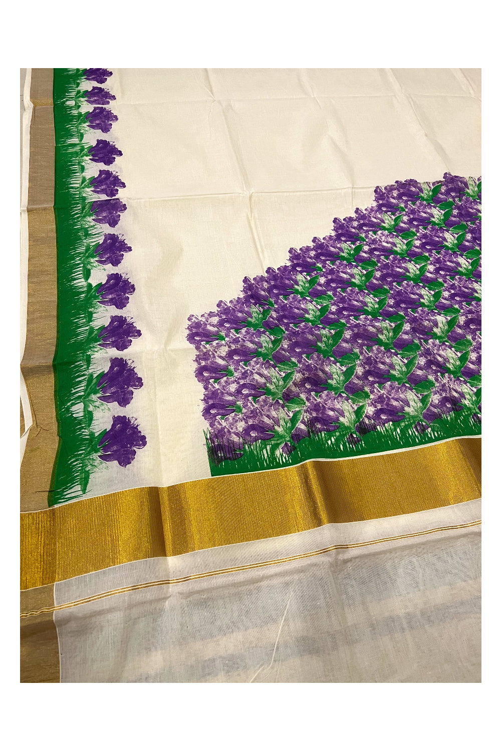 Pure Cotton Kerala Kasavu Saree with Green and Violet Floral Block Printed Design