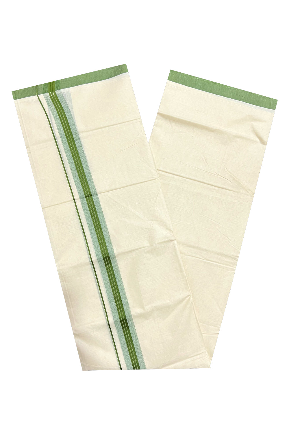 Pure Cotton Off White Double Mundu with Green Border (South Indian Dhoti)