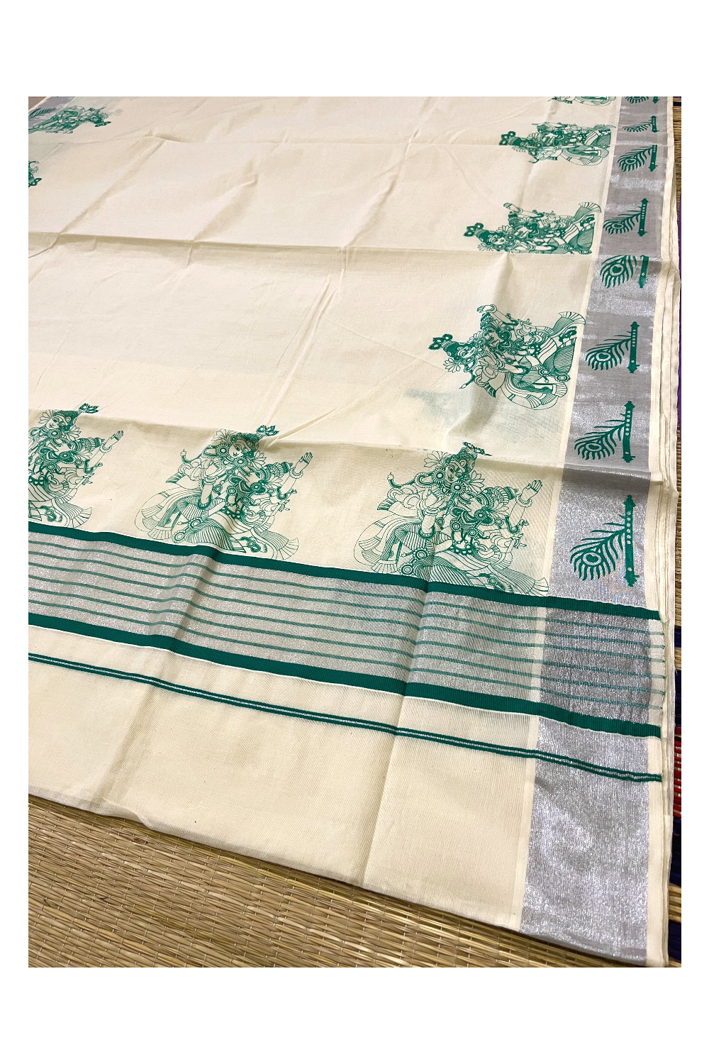 Pure Cotton Kerala Silver Kasavu and Green Border Saree with Krishna Radha Block Prints