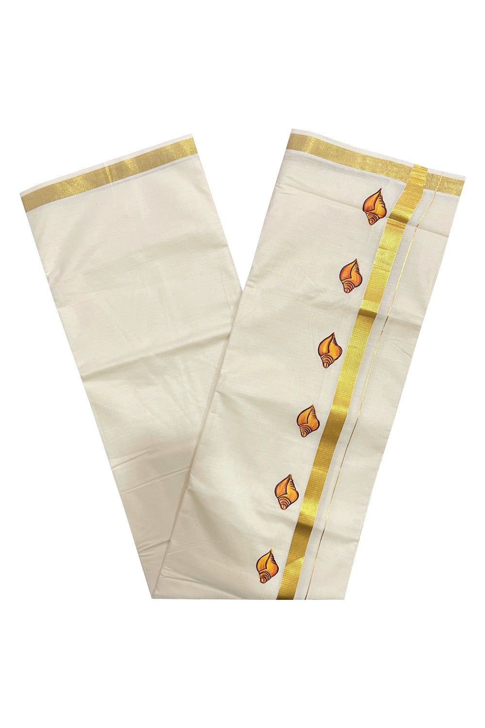 Off White Pure Cotton Double Mundu with Shell Mural Painted Design on Kasavu Kara (South Indian Dhoti)