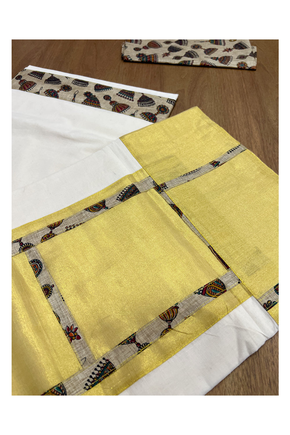 Kerala Pure Cotton Fusion Art Beige Jimikki Kammal Printed Kasavu Saree with Printed Blouse Piece