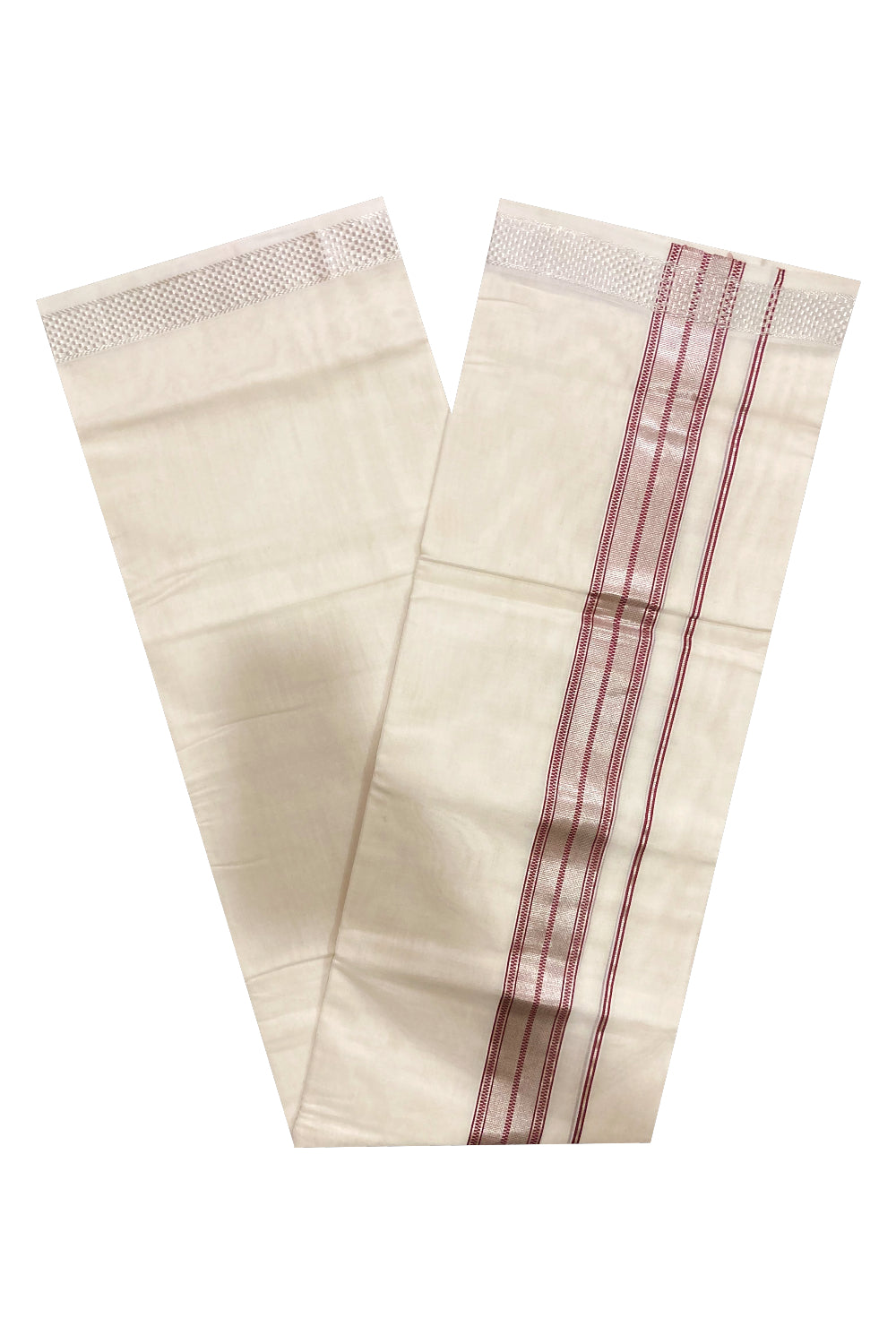 Southloom Premium Handloom Pure Cotton Mundu with Maroon and Silver Kasavu Border (South Indian Dhoti)