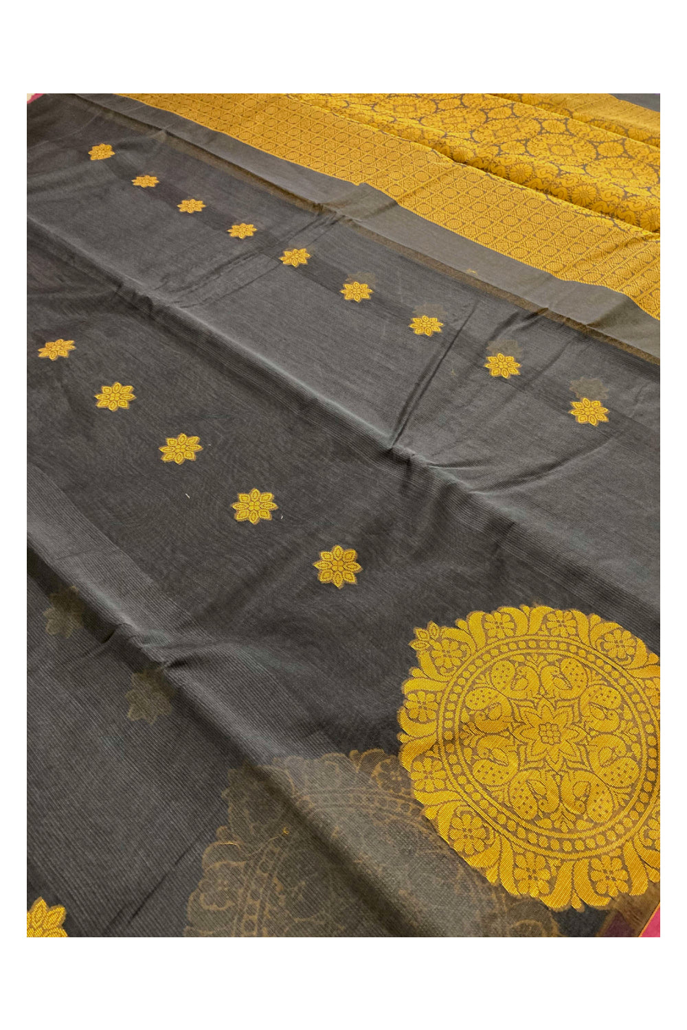 Southloom Sico Gadwal Semi Silk Saree in Dark Grey and Yellow with Floral Motifs (Blouse Piece with Work)