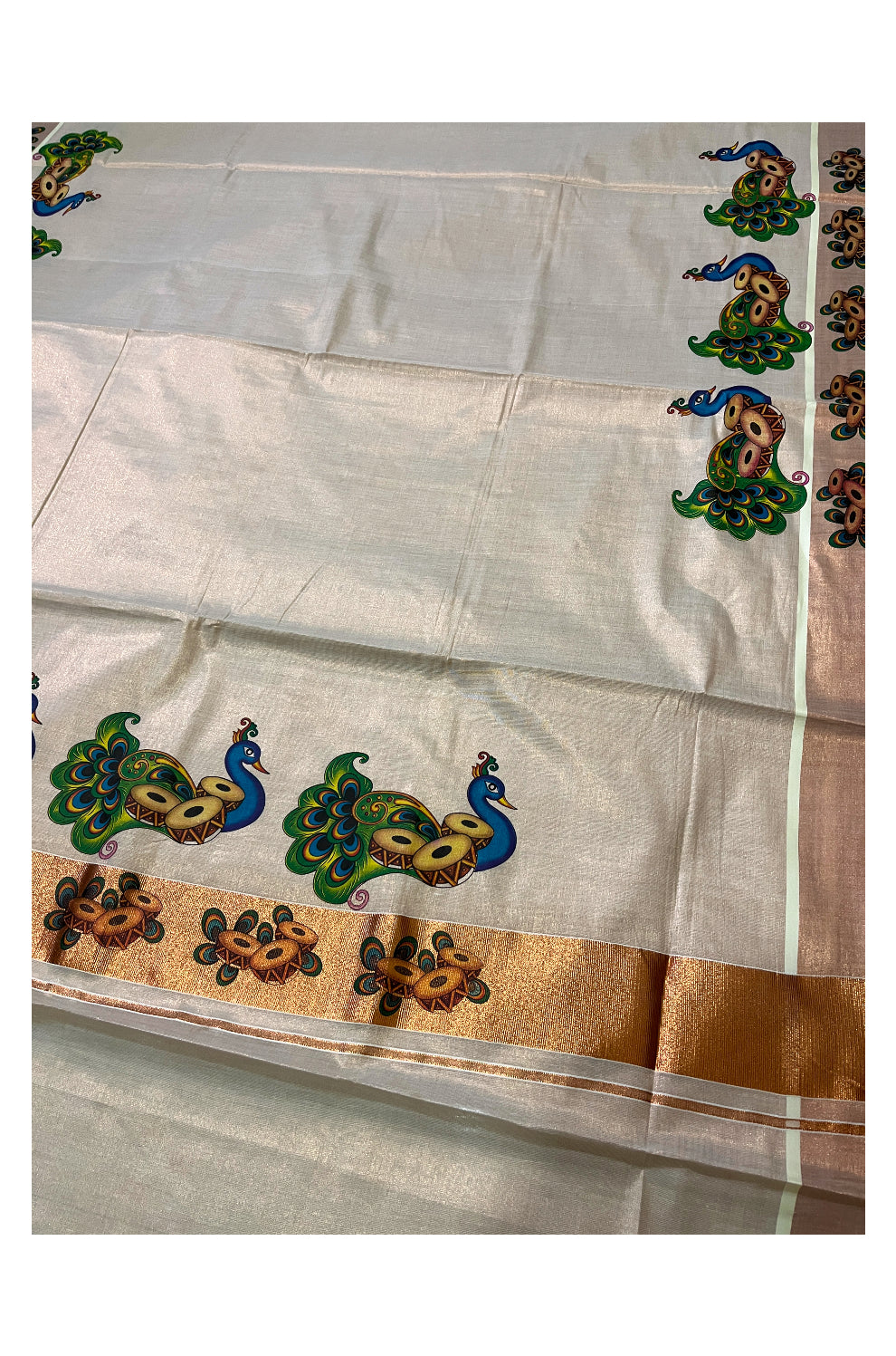 Kerala Copper Tissue Kasavu Saree With Mural Printed Peacock Design