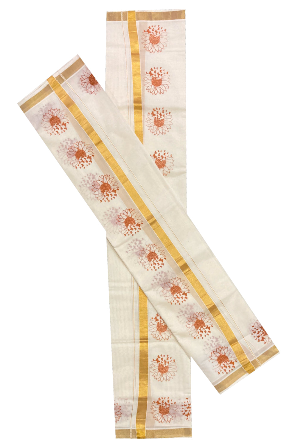 Kerala Cotton Kasavu Set Mundu (Mundum Neriyathum) with Light Brown Block Prints on Border