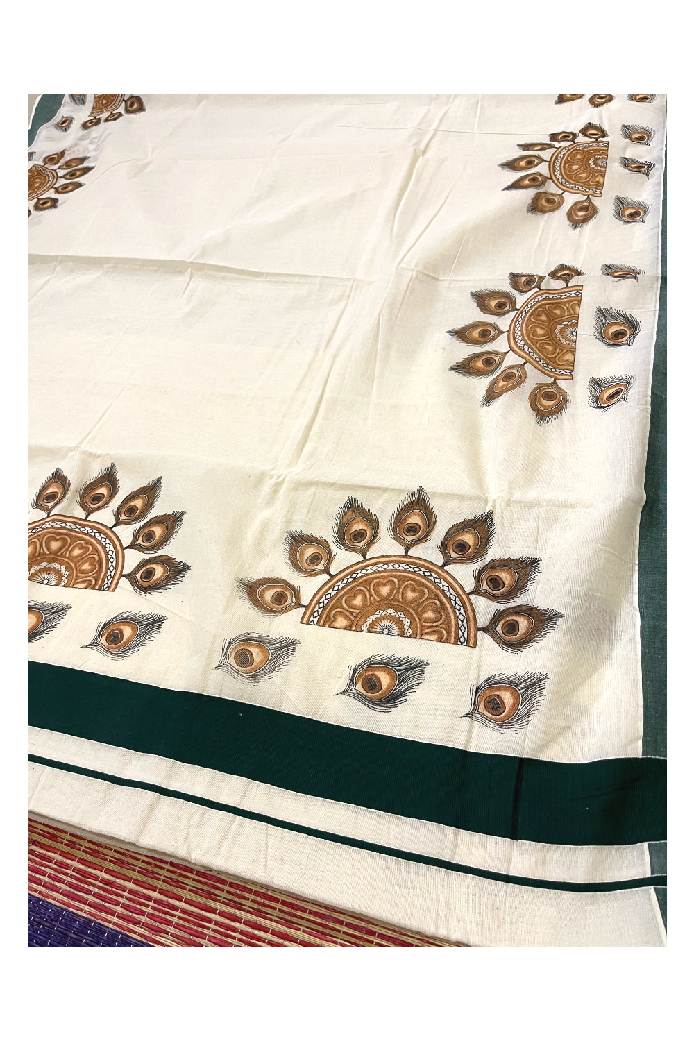 Kerala Pure Cotton Saree with Brown Semi Circle Feather Prints and Green Border